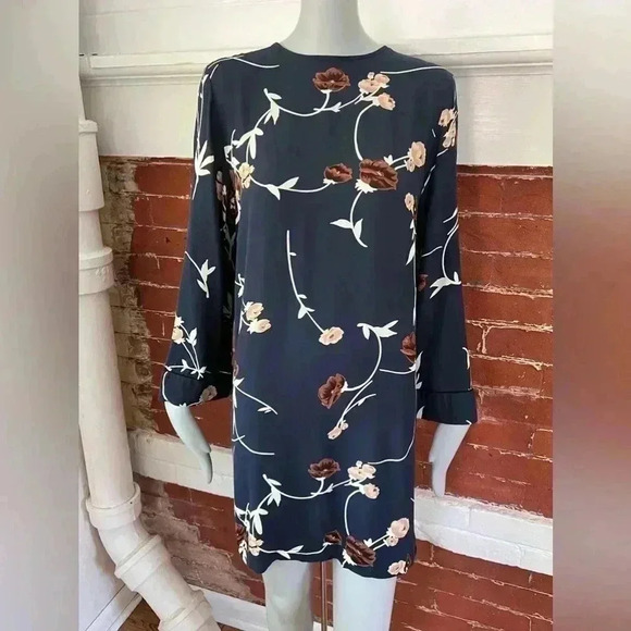 Ganni Dalton Shift Dress in Navy Blue Floral Crepe Long Sleeve Mini - Picture 4 of 16